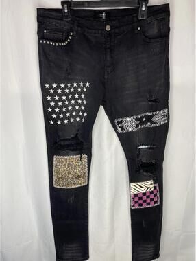 AMIRI Black Denim Patchwork Jeans Animal Print Slim Fit Size 34